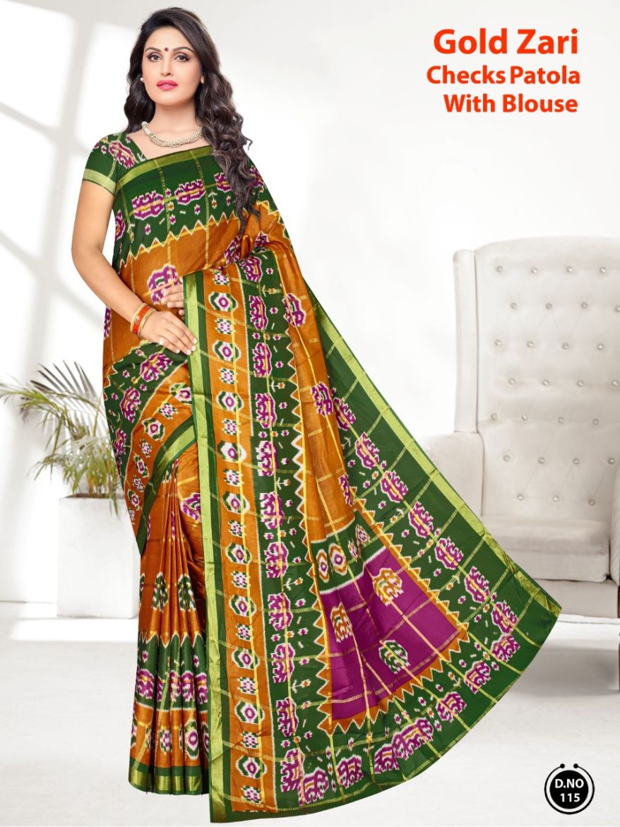 Gold Zari Checks Patola Ethnic Wear Cotton Printed Saree Collection